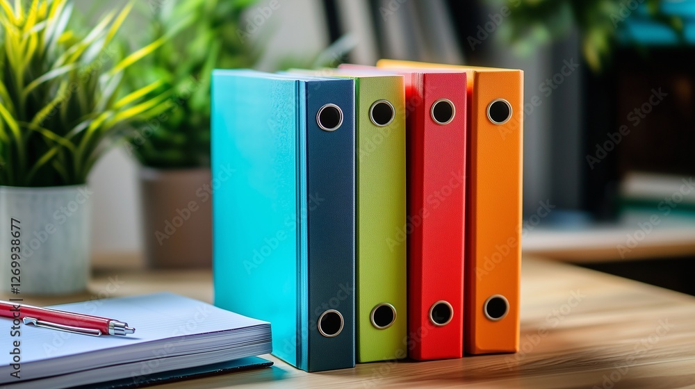 Poster colorful binders on a desk symbolize organized remote workspaces, blending functionality with vibran