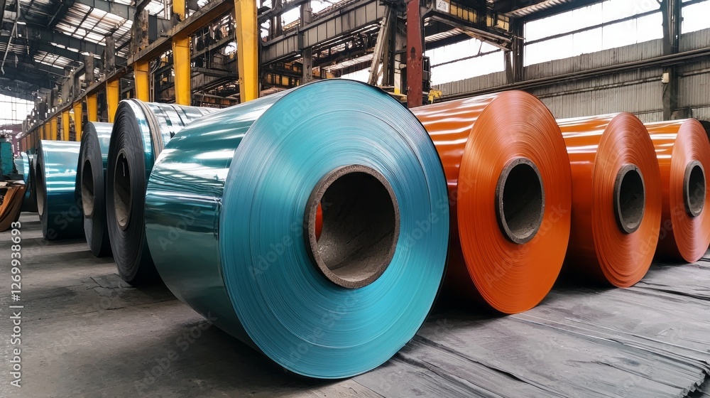 Poster brightly colored rolls of galvanized steel sheets are neatly arranged in a large industrial warehous