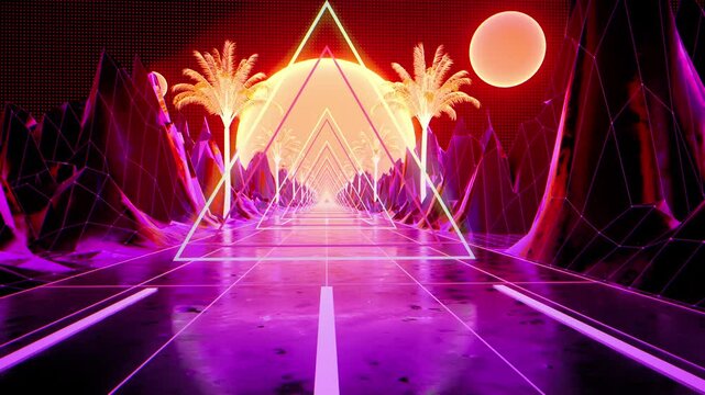 An '80s retro background animation featuring polygonal mountains, palm trees and glowing triangles on a reflective road surface in a seamless loop.

