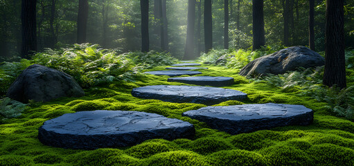Moss-covered pathway leads through a tranquil forest setting with scattered rocks and soft light