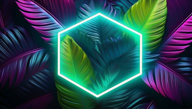 trendy background design tropical leaves with white hexagon shaped neon frame - Powered by Adobe