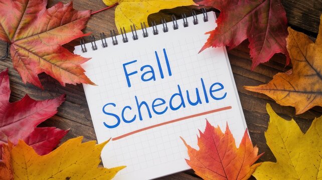 Colorful autumn leaves frame a notebook with fall schedule text