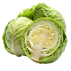 Obraz premium Fresh Green Cabbage Whole and Sliced Isolated on white background as Transparent Background, AI-Generated PNG