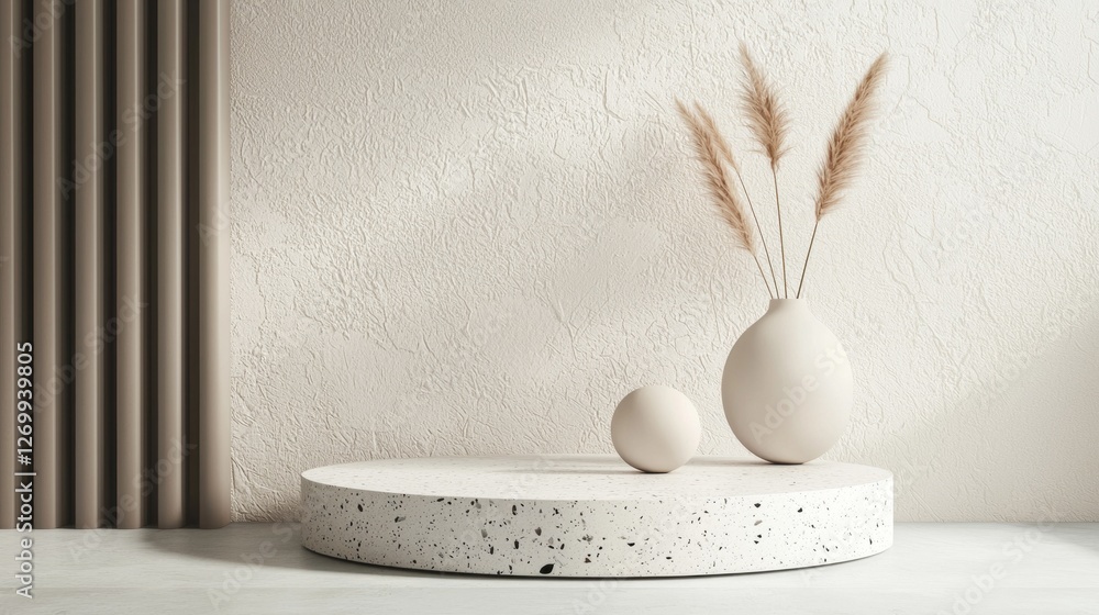 Aufkleber A serene setup highlights a smooth, circular podium adorned with soft textures and minimalist decor. Delicate elements like a simple vase and intriguing shapes create an artistic harmony