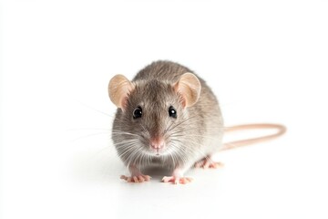 Adorable small brown mouse on white background with curious expression