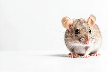 Adorable small brown mouse on white background with curious expression