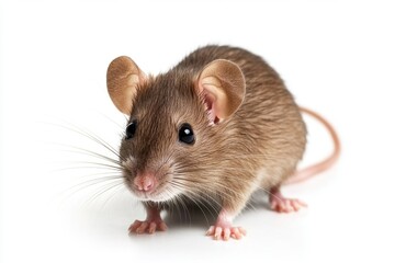 Adorable small brown mouse on white background with curious expression