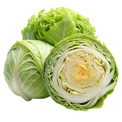 Obraz premium Fresh Green Cabbage Whole and Sliced Isolated on white background as Transparent Background, AI-Generated PNG