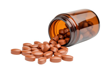 Brown pills scattered from a medicine bottle on a clean white background in a bright setting isolated on transparent background