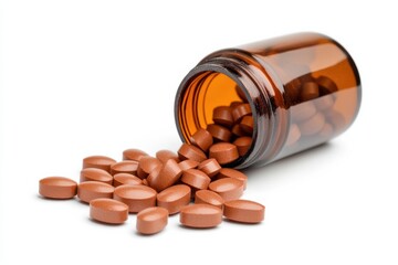 Brown pills scattered from a medicine bottle on a clean white background in a bright setting isolated on transparent background