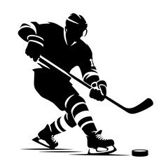 Obraz premium Ice hockey player skating with puck silhouette