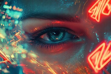 Close-up of an eye, with pixels of a virtual world ai reflected in the iris