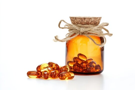 Artisan glass jar filled with amber capsules displayed creatively against a bright backdrop isolated on transparent background