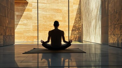 Woman meditating in modern spa room with water feature