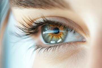 Obraz premium Extreme close-up of a human eye with golden-green iris and long eyelashes