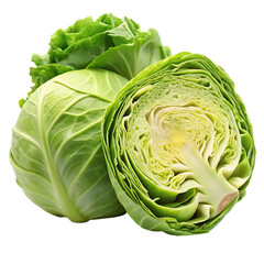 Fresh Green Cabbage Whole and Sliced Isolated on white background as Transparent Background, AI-Generated PNG