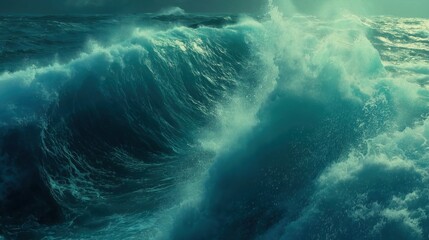Powerful turquoise ocean wave crashing with dynamic motion and spray