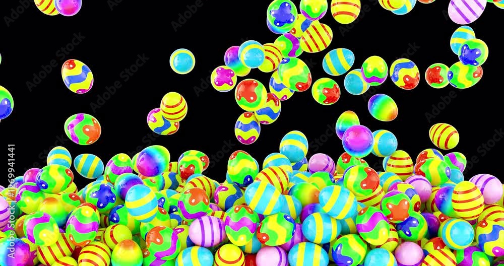 Poster multicolored easter eggs falling and fill the screen. 3d animation on transparent background