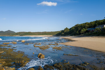 Kotohikihama Beach in Asia, Japan, Kansai, Kinosaki, in summer, on a sunny day.