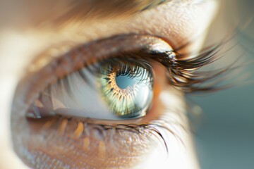 Extreme close-up of a human eye with golden-green iris and long eyelashes