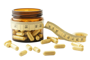A close-up view of amber jar filled with capsules alongside a measuring tape for wellness tracking isolated on transparent background