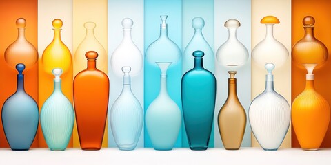 Colorful Glass Bottles Arranged Against a Striped Background