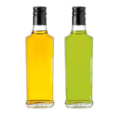 Glass bottles containing fresh oil on white background