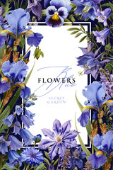 Vintage vector illustration with blue flowers on a changeable background. Floral design template for wedding invitation, greeting card, notebook cover, flyer or certificate.