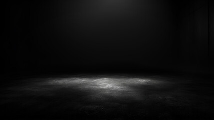 Black background with spotlight to stone ground. Dark interior background. 