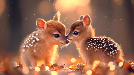 Two fawns nuzzle, autumn forest sunset