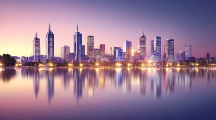 Fototapeta premium Captivating Cityscape Reflection: A Stunning Urban Panorama at Twilight