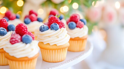 Delightful cupcakes topped with luscious white frosting and fresh berries