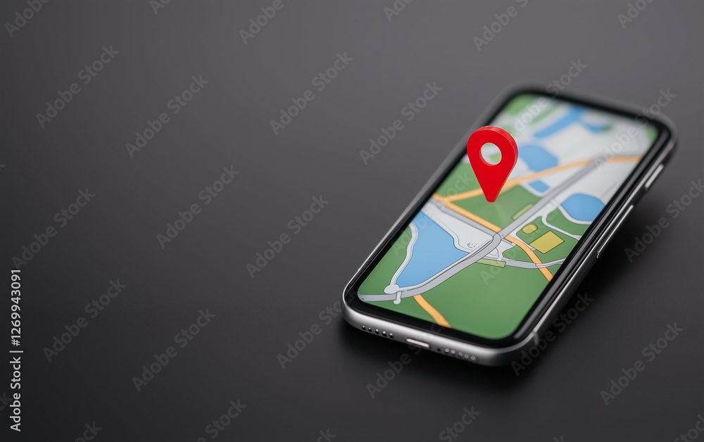 Poster smartphone displaying mobile maps with location tracking. mobile maps application on smartphone scre