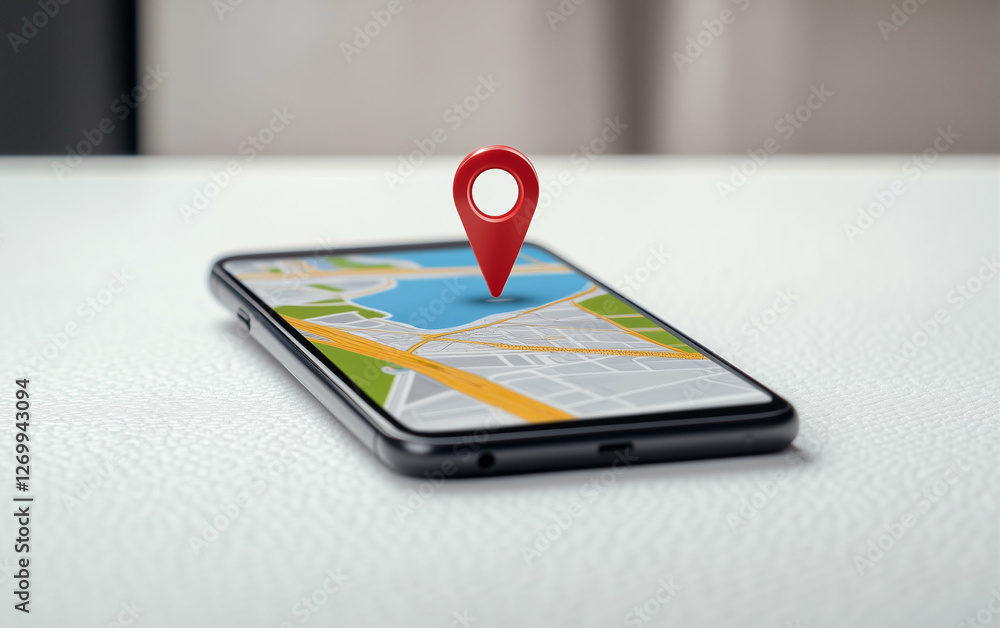 Poster Smartphone with GPS navigation app showing map and location pin. Mobile phone displaying map with location marker on screen for gps navigation
