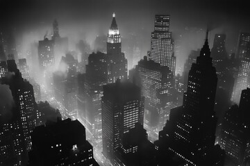 night view from above of New York skyscrapers in the 50s