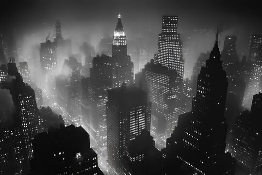 night view from above of New York skyscrapers in the 50s