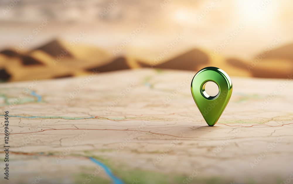 Poster map pin on a map. green map pin on a detailed map with desert in background. location map pin