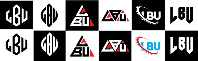 LBU letter logo design in six style. LBU polygon, circle, triangle, hexagon, flat and simple style with black and white color variation letter logo set in one artboard. LBU minimalist and classic logo
