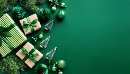 merry christmas and happy holidays greeting card frame banner new year noel green christmas decorations gifts presents on green background winter xmas festive theme