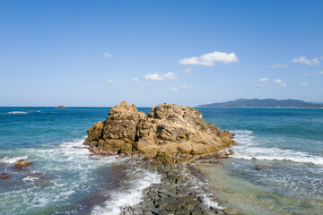 Shotenkyo Beach rock in Kumihamacho in Asia, Japan, Kansai, Kinosaki, in summer, on a sunny day.