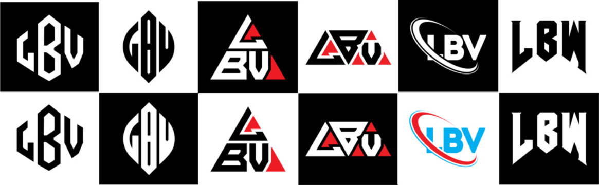 LBW letter logo design in six style. LBW polygon, circle, triangle, hexagon, flat and simple style with black and white color variation letter logo set in one artboard. LBW minimalist and classic logo