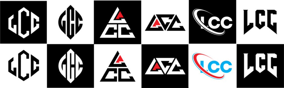 LCC letter logo design in six style. LCC polygon, circle, triangle, hexagon, flat and simple style with black and white color variation letter logo set in one artboard. LCC minimalist and classic logo