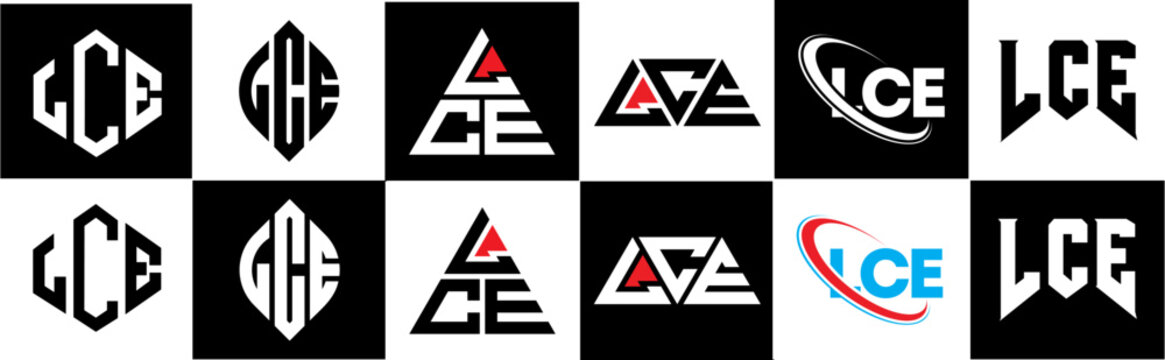 LCE letter logo design in six style. LCE polygon, circle, triangle, hexagon, flat and simple style with black and white color variation letter logo set in one artboard. LCE minimalist and classic logo
