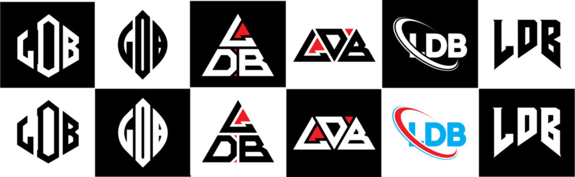 LDB letter logo design in six style. LDB polygon, circle, triangle, hexagon, flat and simple style with black and white color variation letter logo set in one artboard. LDB minimalist and classic logo