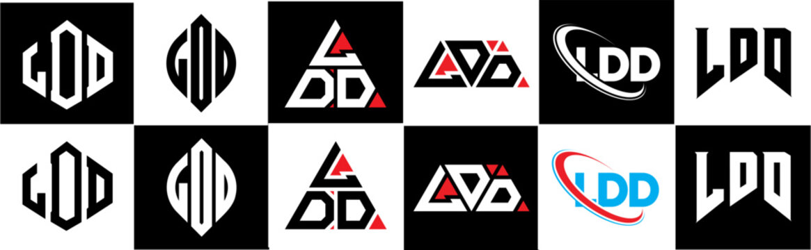 LDD letter logo design in six style. LDD polygon, circle, triangle, hexagon, flat and simple style with black and white color variation letter logo set in one artboard. LDD minimalist and classic logo