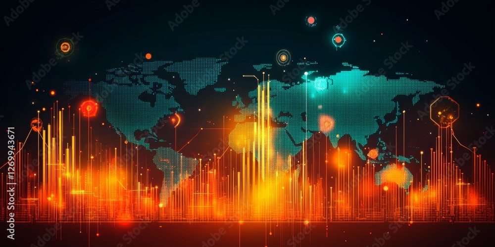 Poster global economic data visualization world map with glowing charts, graphs, and data points