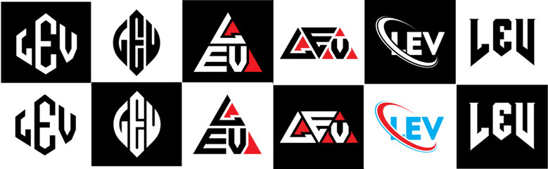 LEV letter logo design in six style. LEV polygon, circle, triangle, hexagon, flat and simple style with black and white color variation letter logo set in one artboard. LEV minimalist and classic logo