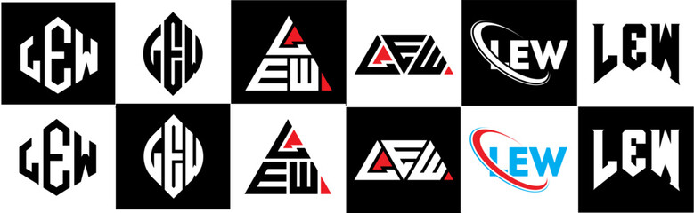 LEW letter logo design in six style. LEW polygon, circle, triangle, hexagon, flat and simple style with black and white color variation letter logo set in one artboard. LEW minimalist and classic logo © mamun25g