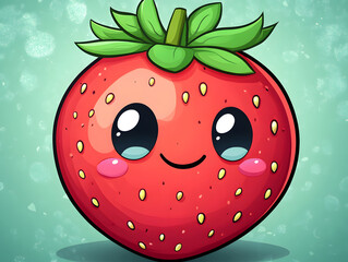 Obraz premium Cute Illustration of a Happy Strawberry With Big Eyes and a Charming Smile on a Bright Blue Background