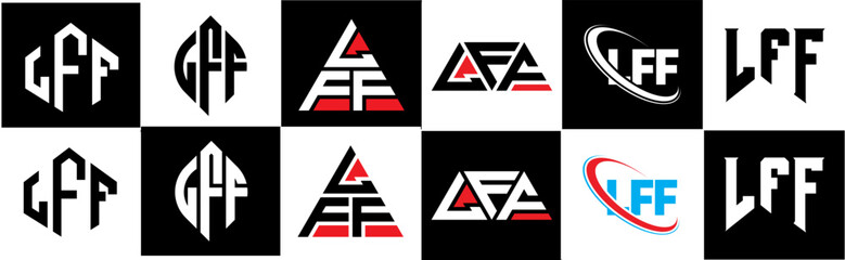 LFF letter logo design in six style. LFF polygon, circle, triangle, hexagon, flat and simple style with black and white color variation letter logo set in one artboard. LFF minimalist and classic logo